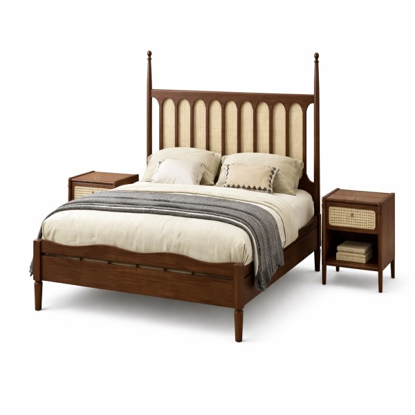 Elegant Mid-Century Modern Bed with Rattan Headboard