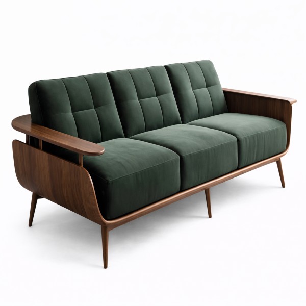 Mid-century modern green velvet sofa