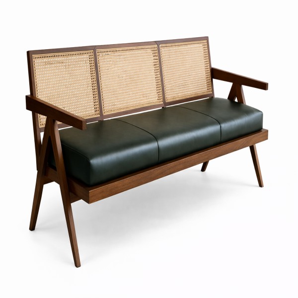 Mid-century walnut bench with leather cushions