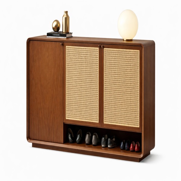 Modern walnut shoe cabinet with decor