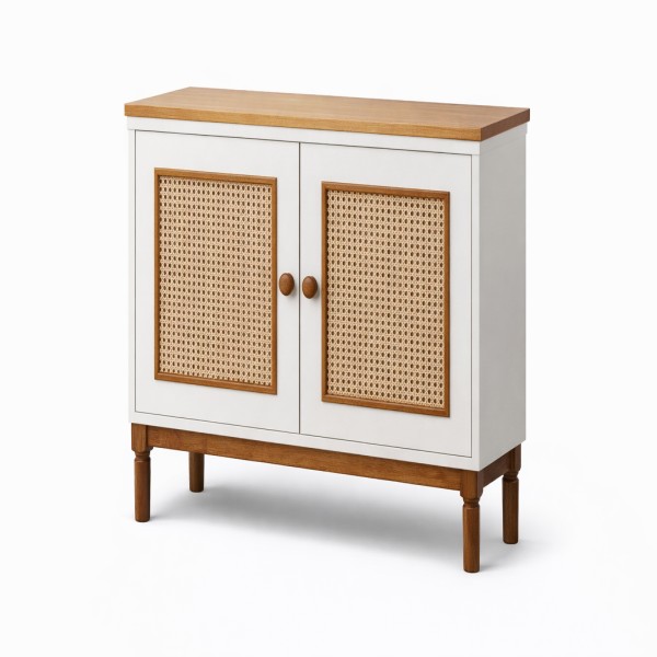 White wooden cabinet with rattan panels
