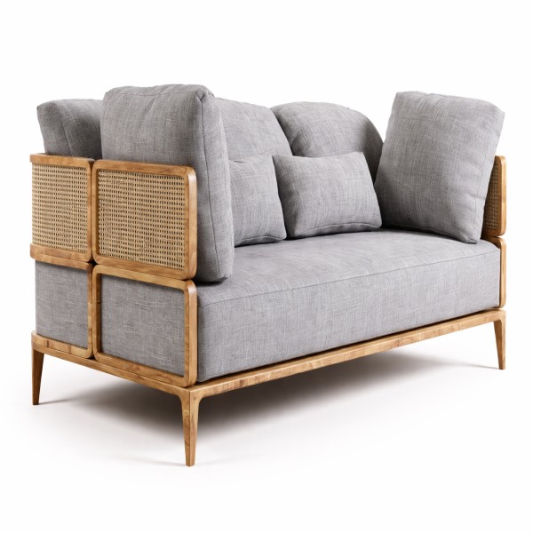wooden sofa with pillows