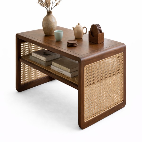 Elegant walnut coffee table with decor