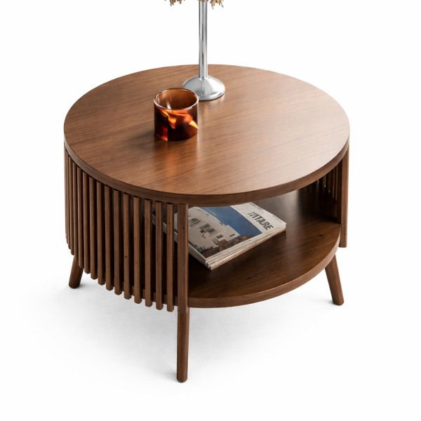 Modern walnut coffee table scene