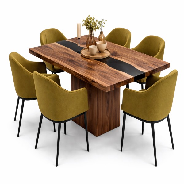 Modern walnut dining set with resin river