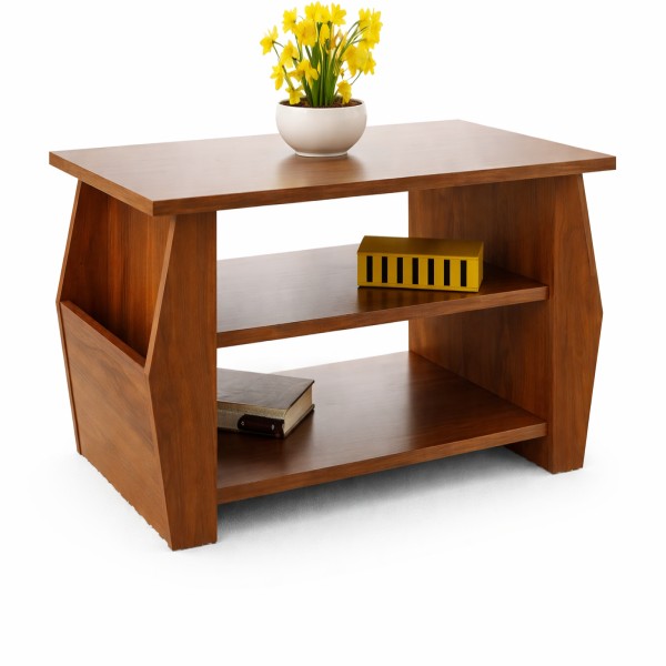 Modern wooden coffee table with daffodils