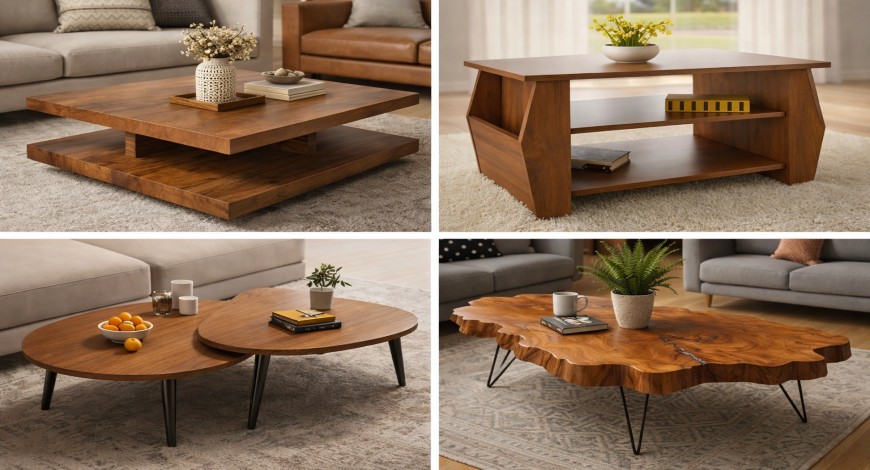 Modern wooden coffee tables in stylish setting